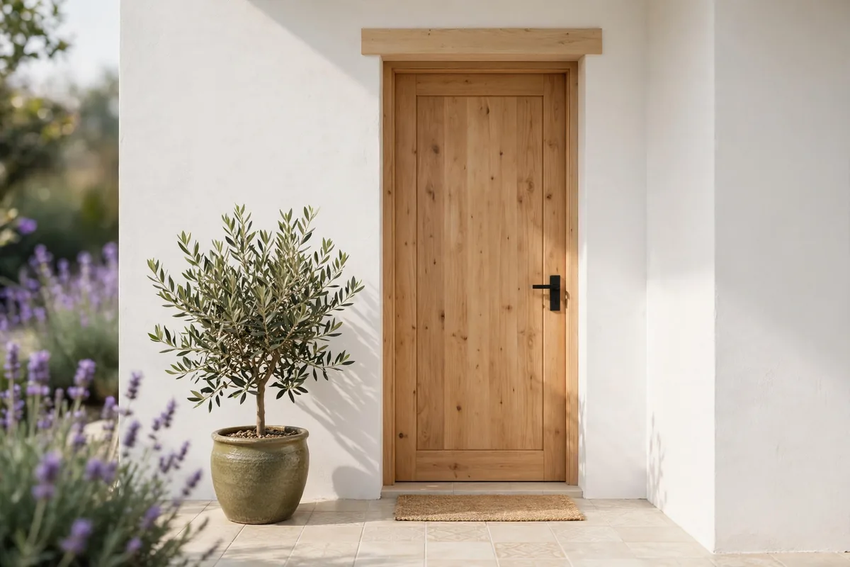 An apartment front door with a plant