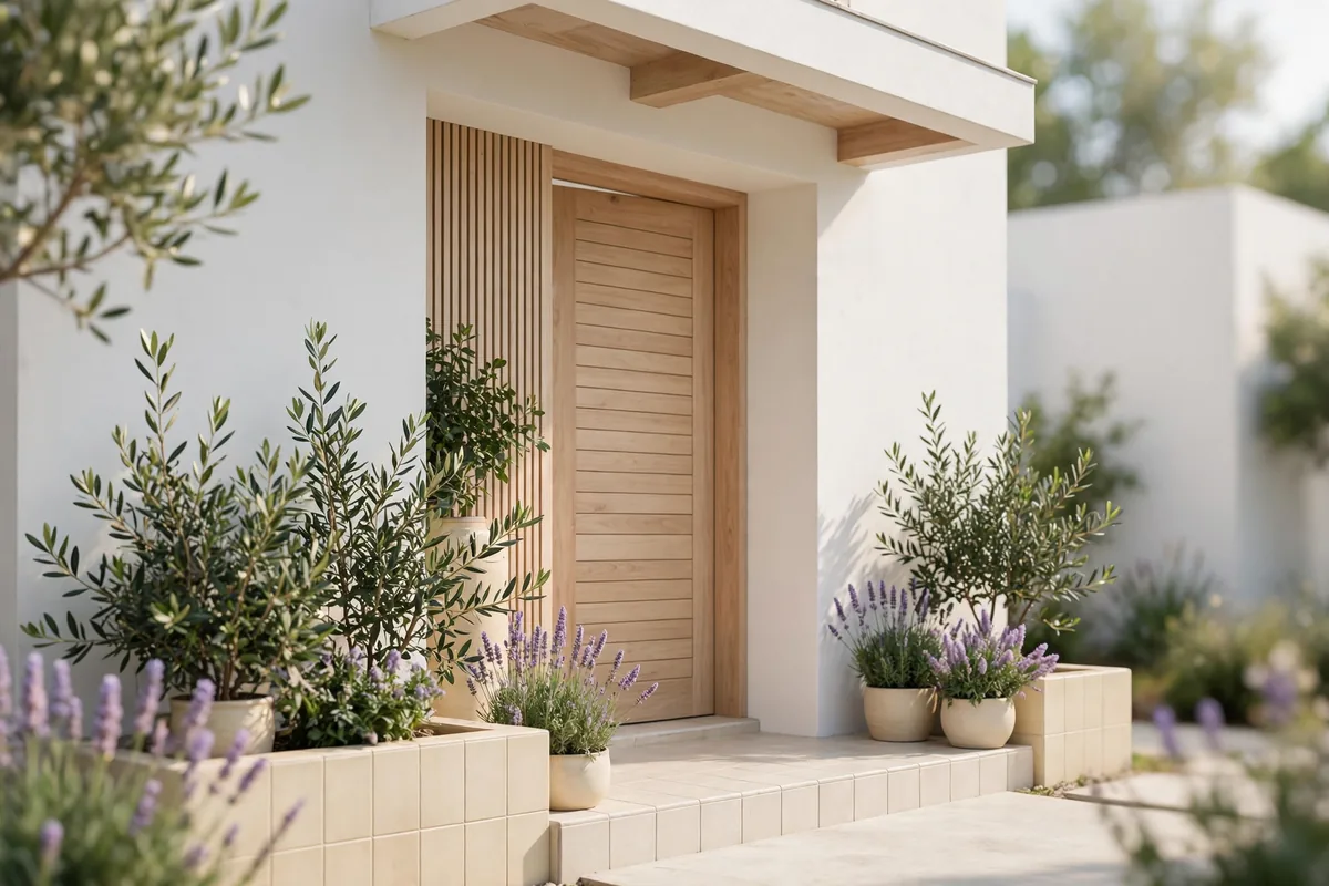 A building entrance with plants