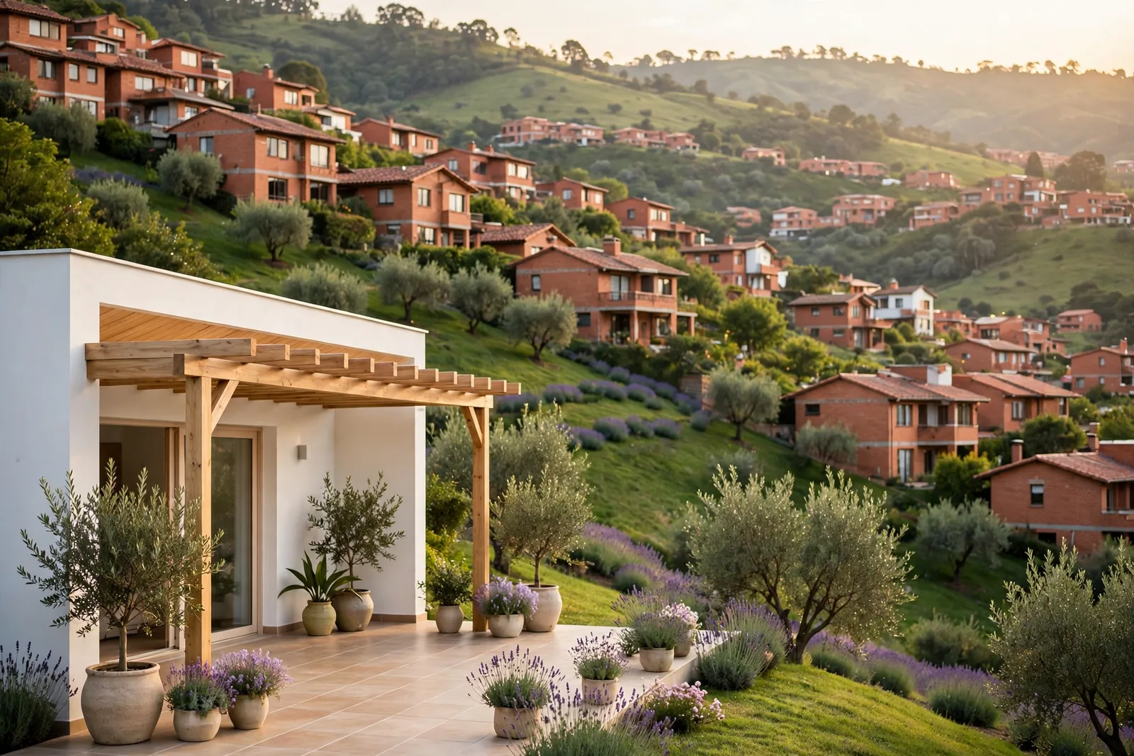 A hillside of red-brick buildings at golden hour